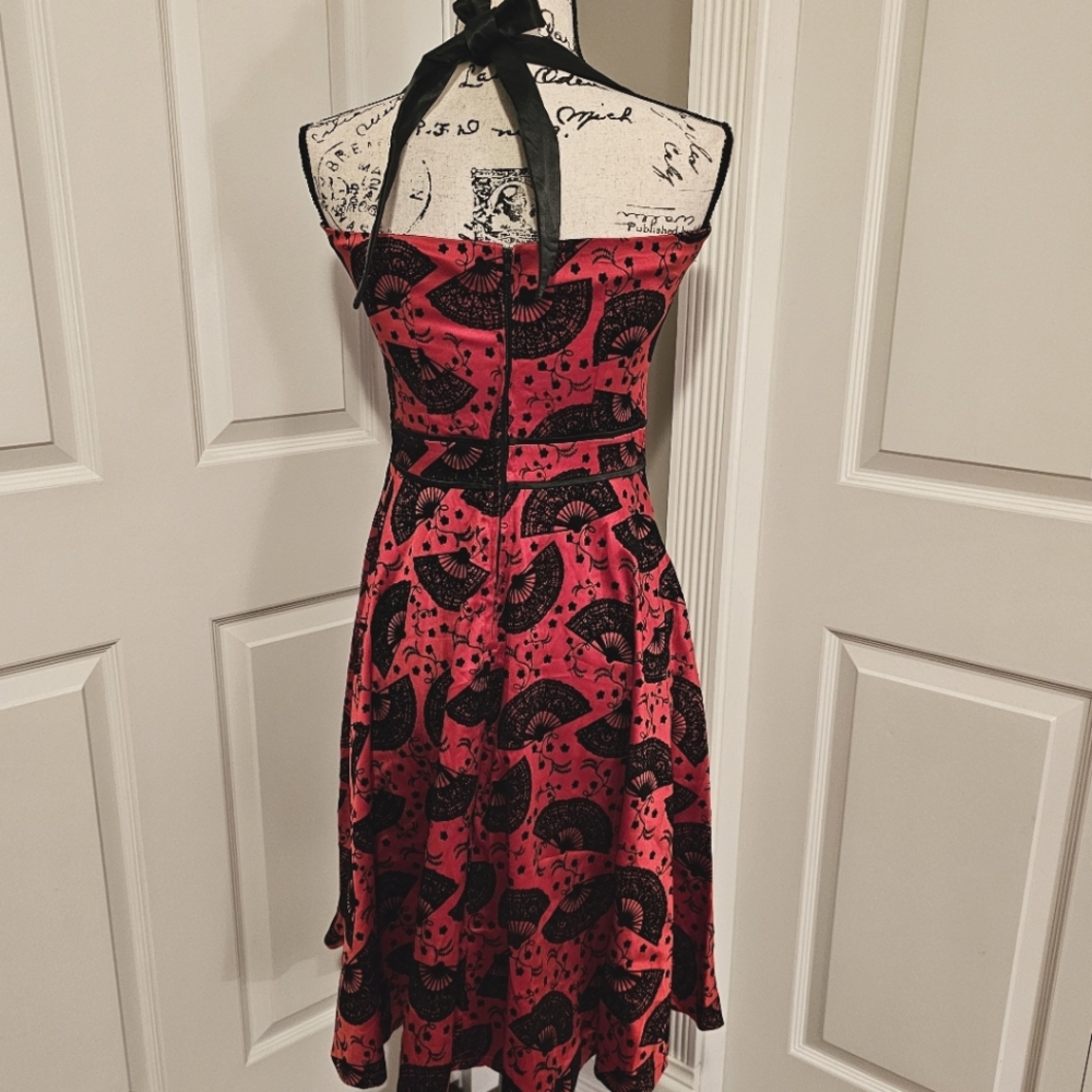 VOODOO VIXEN Red Black Fan Halter Dress Fit & Flare - Rare! - Picture 5 of 8